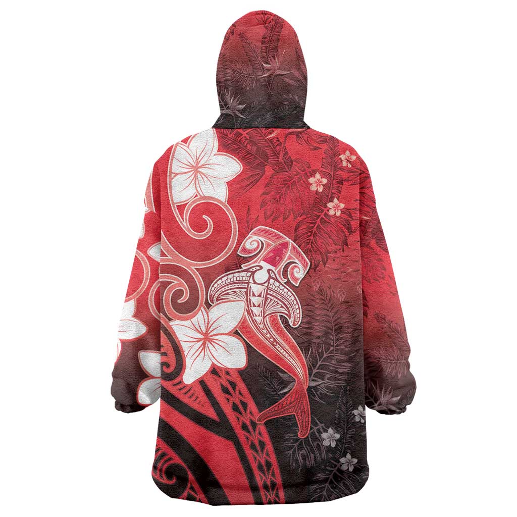 Polynesia Hammerhead Shark Wearable Blanket Hoodie Red Tribal Pattern With Plumeria LT05 - Polynesian Pride