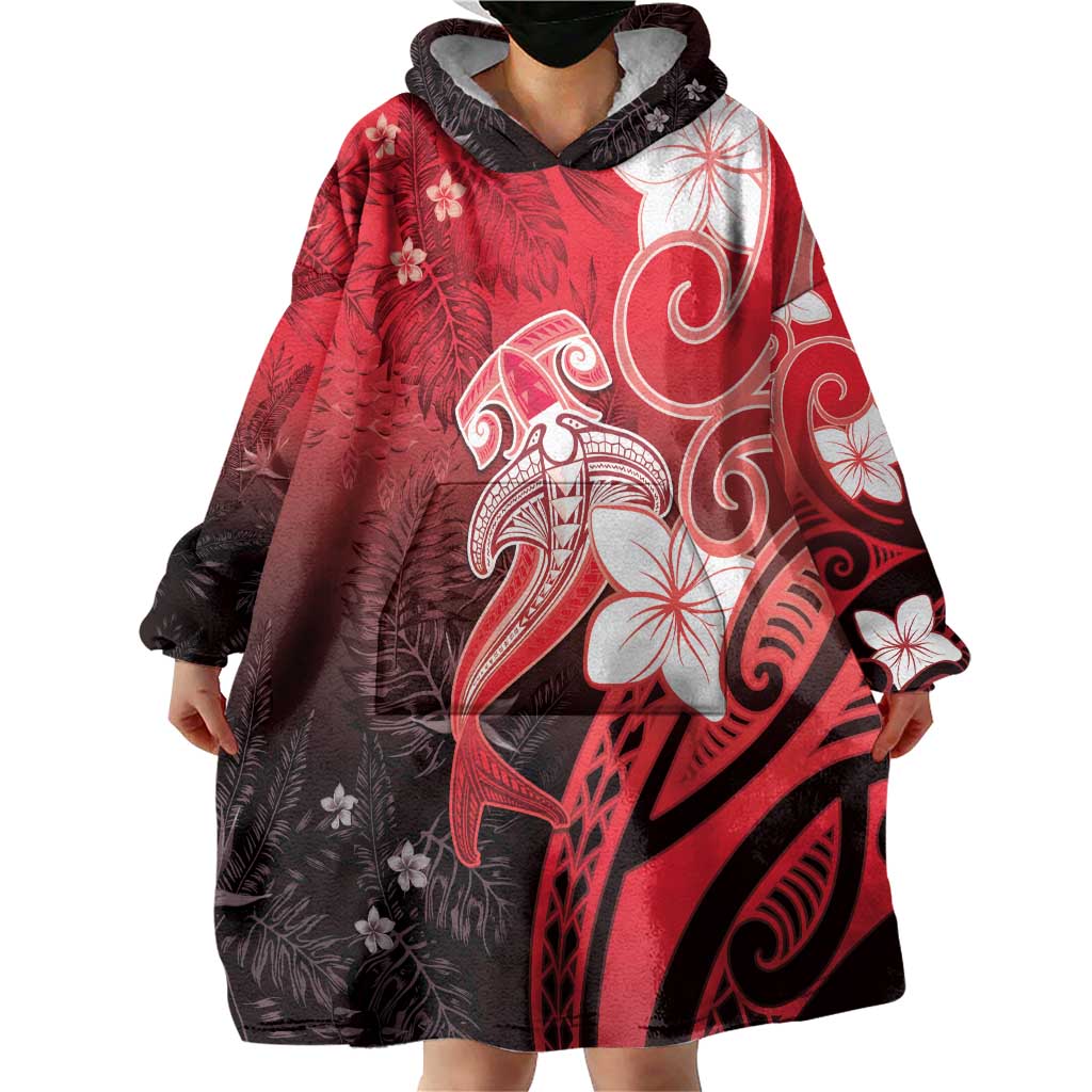 Polynesia Hammerhead Shark Wearable Blanket Hoodie Red Tribal Pattern With Plumeria LT05 - Polynesian Pride