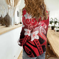 Polynesia Hammerhead Shark Women Casual Shirt Red Tribal Pattern With Plumeria - Polynesian Pride