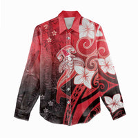 Polynesia Hammerhead Shark Women Casual Shirt Red Tribal Pattern With Plumeria - Polynesian Pride