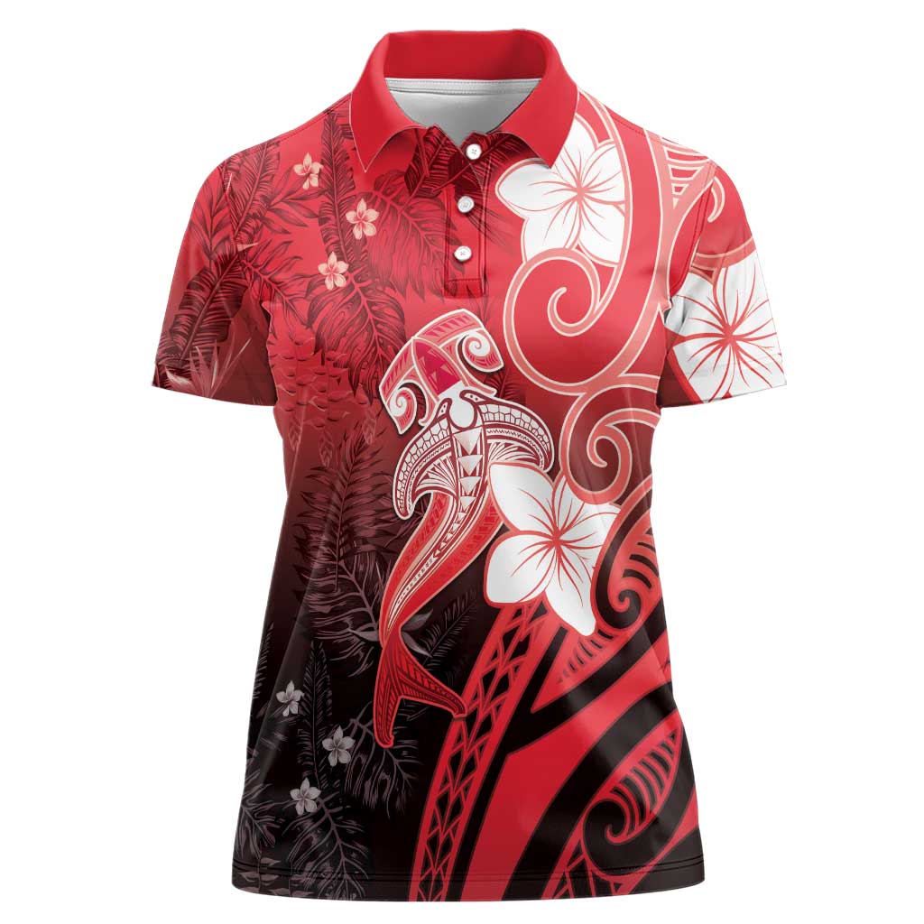 Polynesia Hammerhead Shark Women Polo Shirt Red Tribal Pattern With Plumeria LT05 Female Red - Polynesian Pride
