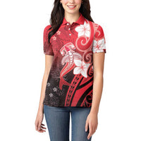 Polynesia Hammerhead Shark Women Polo Shirt Red Tribal Pattern With Plumeria LT05 - Polynesian Pride