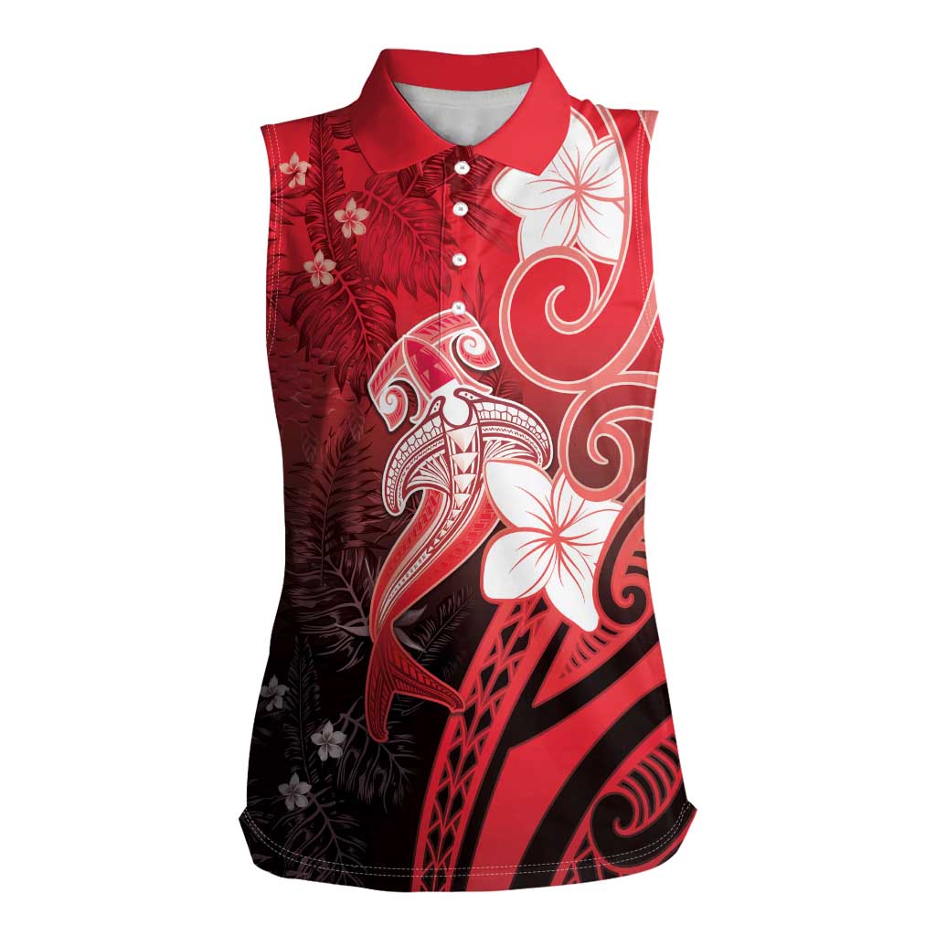 Polynesia Hammerhead Shark Women Sleeveless Polo Shirt Red Tribal Pattern With Plumeria LT05 Female Red - Polynesian Pride