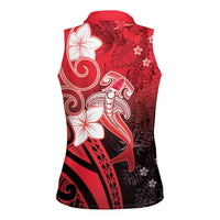 Polynesia Hammerhead Shark Women Sleeveless Polo Shirt Red Tribal Pattern With Plumeria LT05 - Polynesian Pride