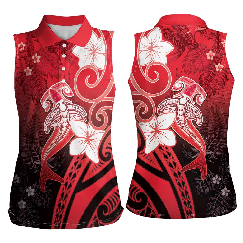 Polynesia Hammerhead Shark Women Sleeveless Polo Shirt Red Tribal Pattern With Plumeria LT05 - Polynesian Pride
