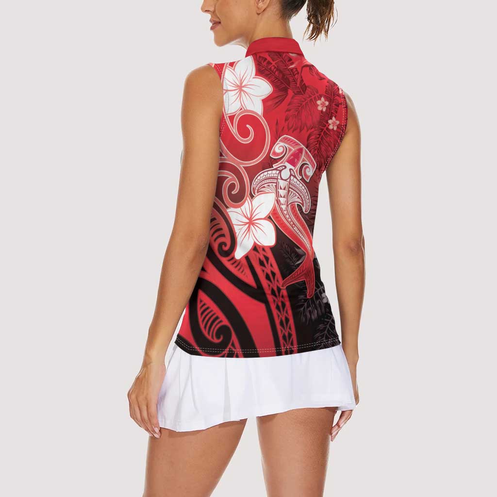 Polynesia Hammerhead Shark Women Sleeveless Polo Shirt Red Tribal Pattern With Plumeria LT05 - Polynesian Pride