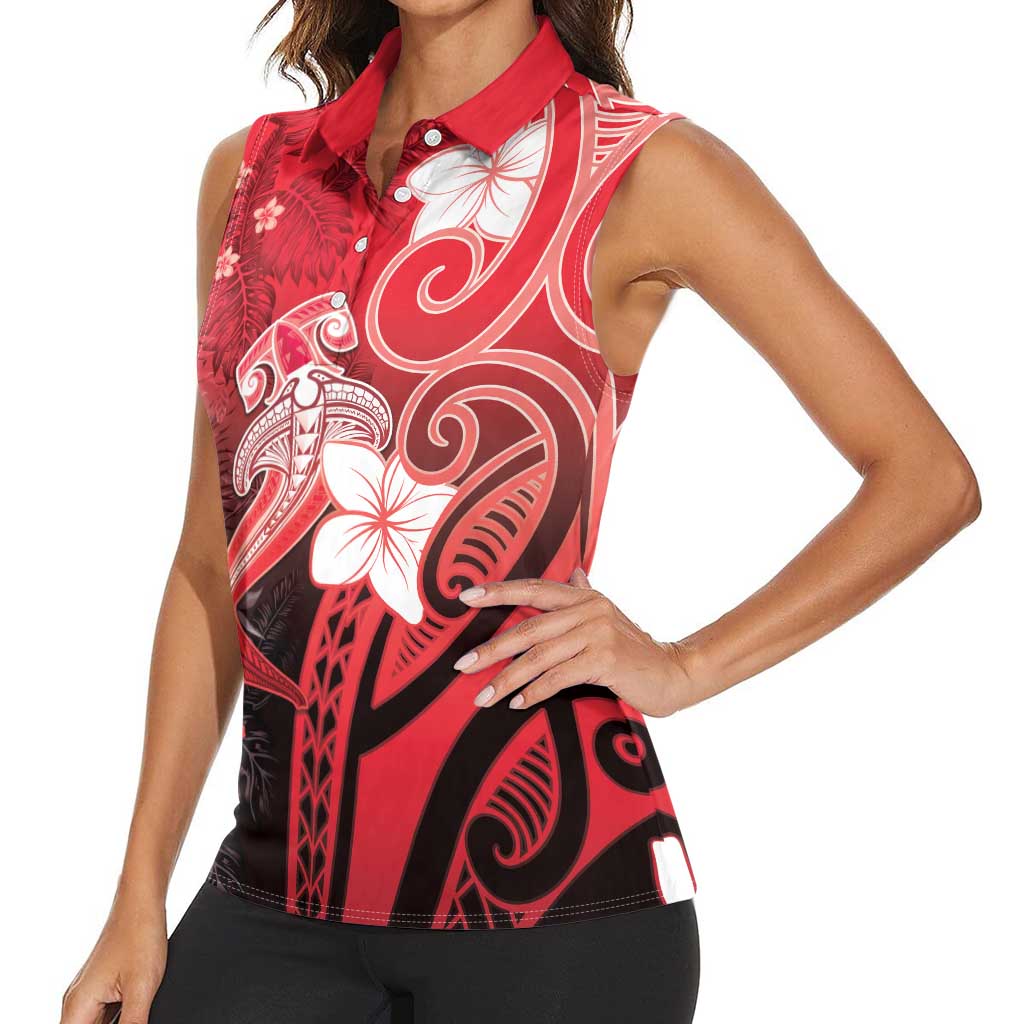 Polynesia Hammerhead Shark Women Sleeveless Polo Shirt Red Tribal Pattern With Plumeria LT05 - Polynesian Pride