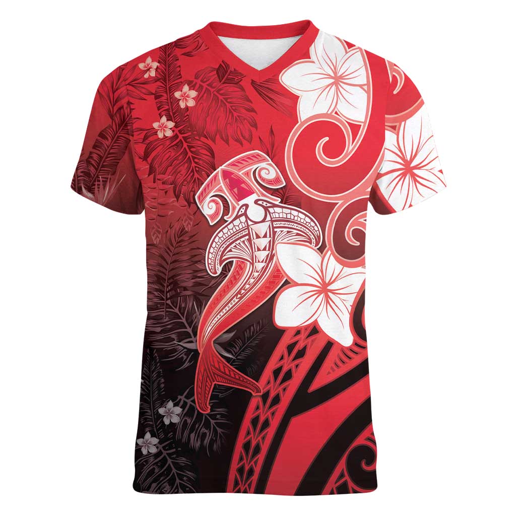 Polynesia Hammerhead Shark Women V-Neck T-Shirt Red Tribal Pattern With Plumeria LT05 Female Red - Polynesian Pride