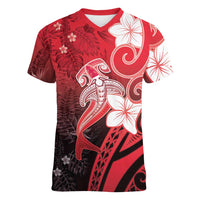 Polynesia Hammerhead Shark Women V-Neck T-Shirt Red Tribal Pattern With Plumeria LT05 Female Red - Polynesian Pride