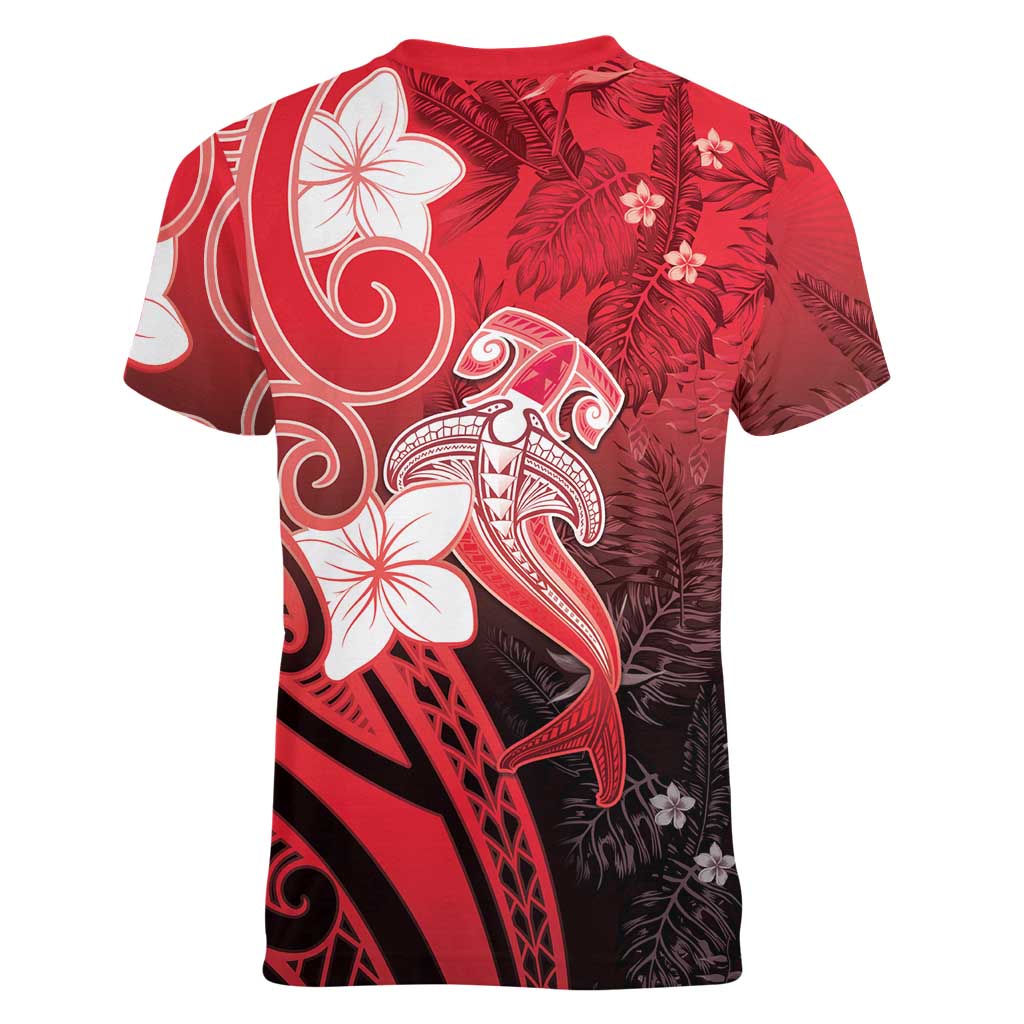 Polynesia Hammerhead Shark Women V-Neck T-Shirt Red Tribal Pattern With Plumeria LT05 - Polynesian Pride