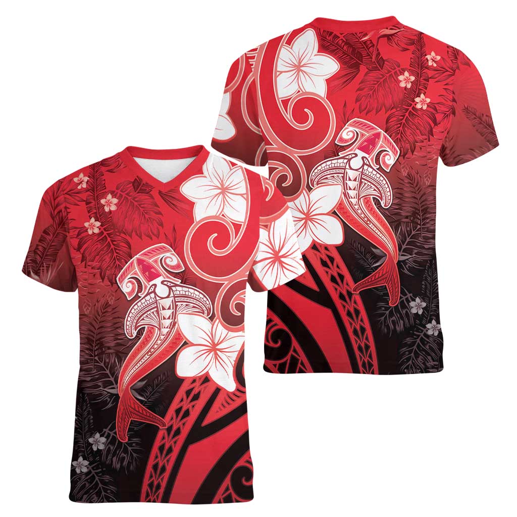 Polynesia Hammerhead Shark Women V-Neck T-Shirt Red Tribal Pattern With Plumeria LT05 - Polynesian Pride