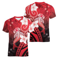 Polynesia Hammerhead Shark Women V-Neck T-Shirt Red Tribal Pattern With Plumeria LT05 - Polynesian Pride