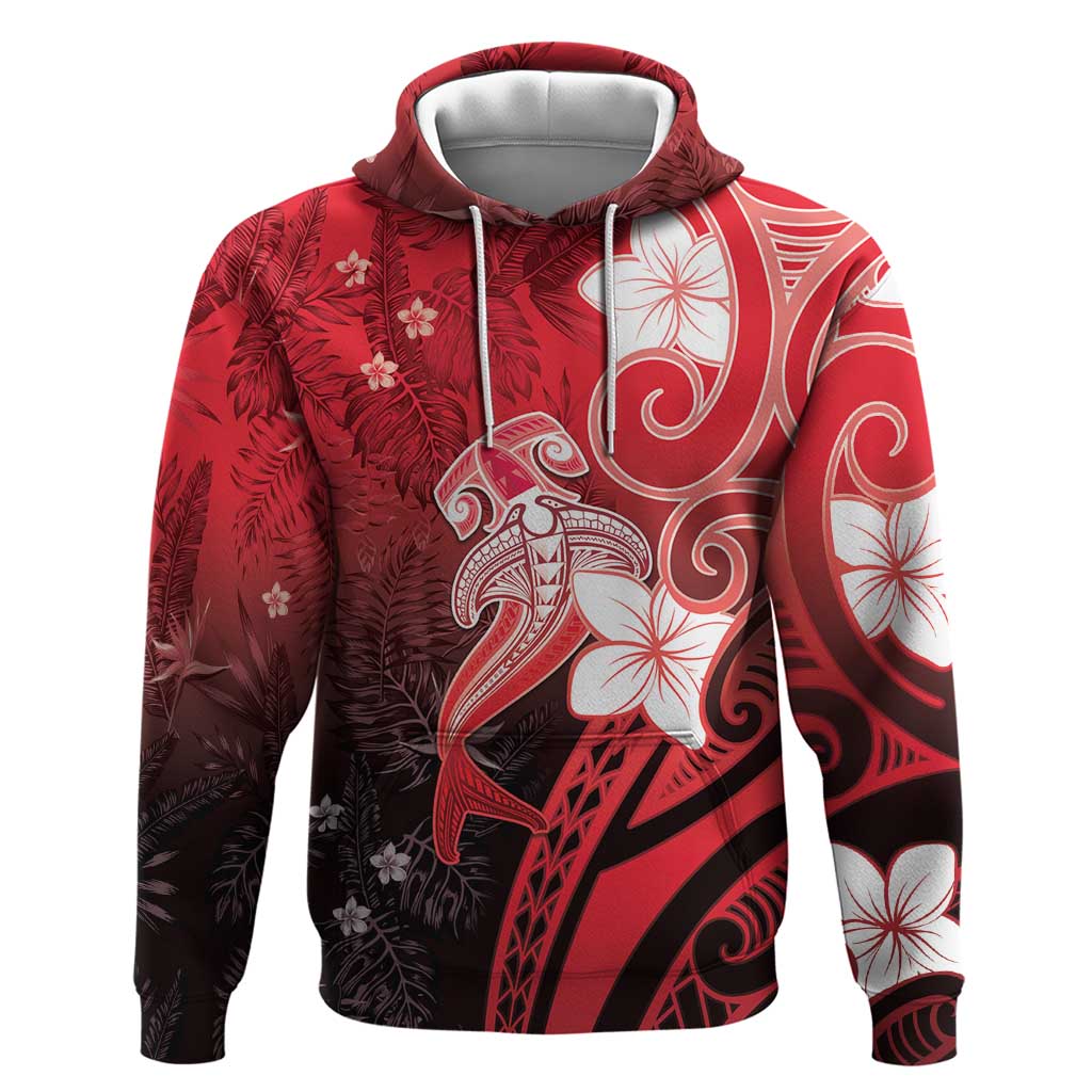 Polynesia Hammerhead Shark Zip Hoodie Red Tribal Pattern With Plumeria LT05 Pullover Hoodie Red - Polynesian Pride