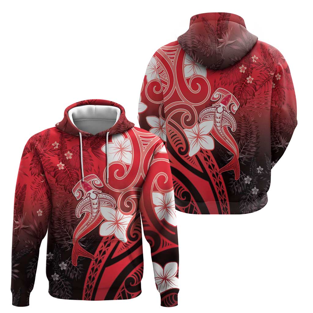 Polynesia Hammerhead Shark Zip Hoodie Red Tribal Pattern With Plumeria LT05 - Polynesian Pride