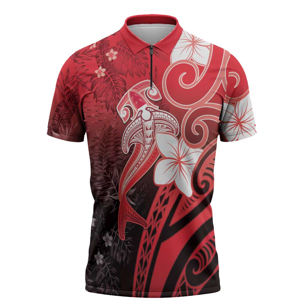 Polynesia Hammerhead Shark Zipper Polo Shirt Red Tribal Pattern With Plumeria - Polynesian Pride