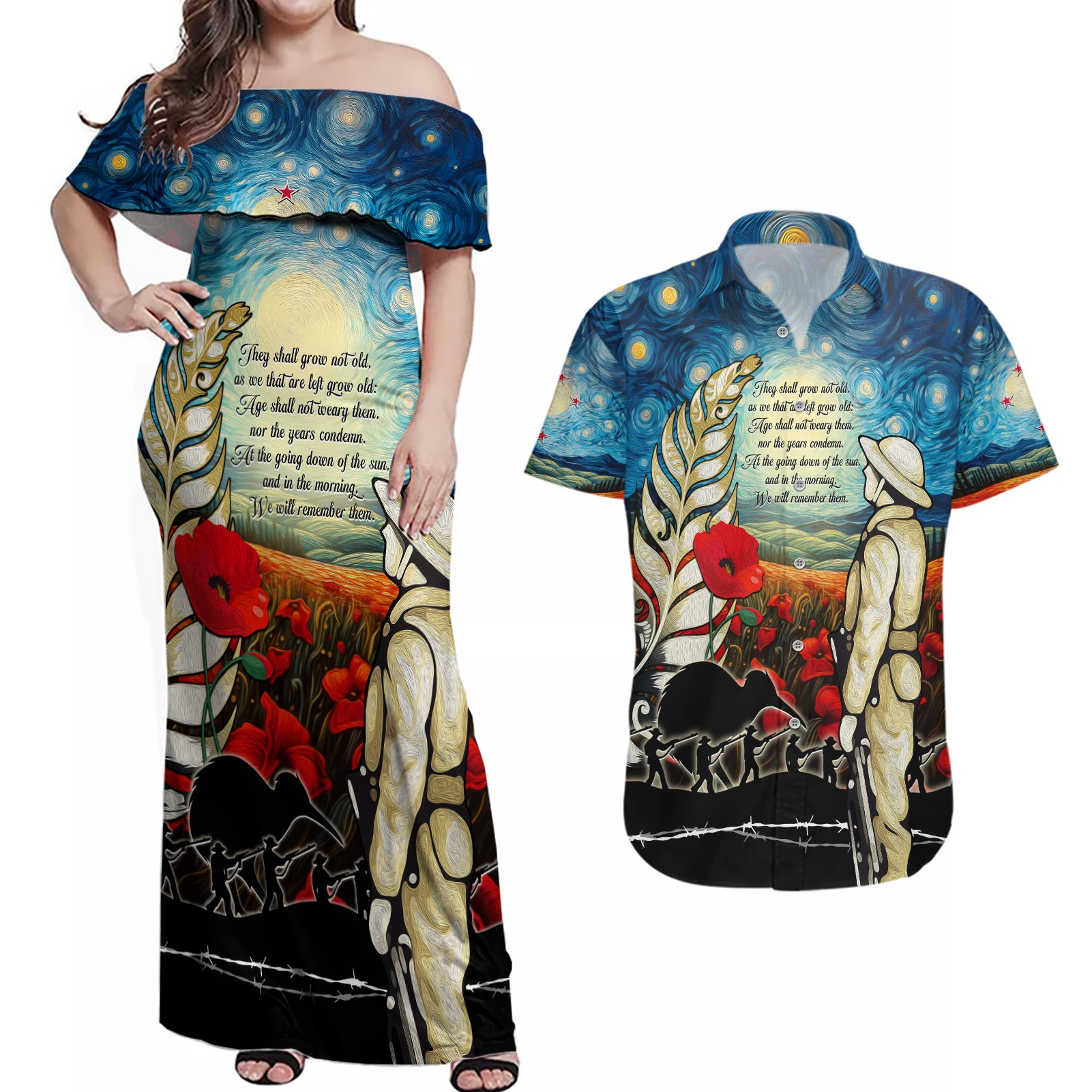 Kei Wareware Tatou New Zealand ANZAC Day Couples Matching Off Shoulder Maxi Dress and Hawaiian Shirt Starry Night Inspo Style LT05 Blue - Polynesian Pride