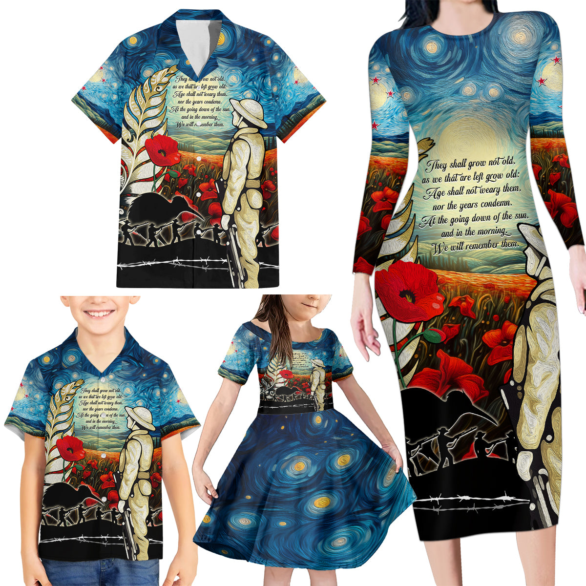 Kei Wareware Tatou New Zealand ANZAC Day Family Matching Long Sleeve Bodycon Dress and Hawaiian Shirt Starry Night Inspo Style LT05 - Polynesian Pride