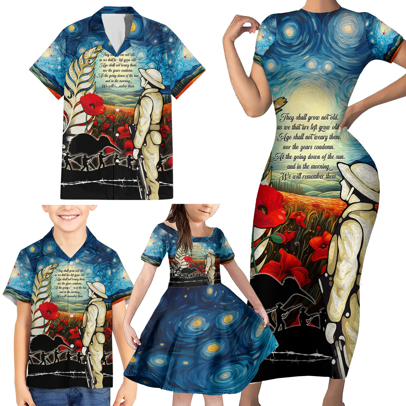 Kei Wareware Tatou New Zealand ANZAC Day Family Matching Short Sleeve Bodycon Dress and Hawaiian Shirt Starry Night Inspo Style LT05 - Polynesian Pride