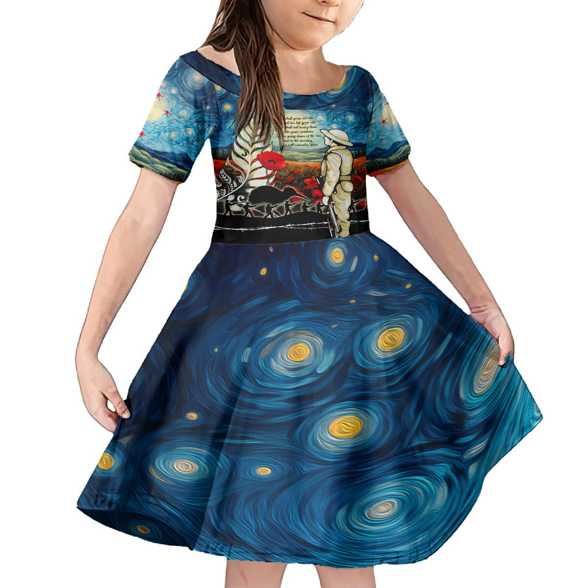 Kei Wareware Tatou New Zealand ANZAC Day Kid Short Sleeve Dress Starry Night Inspo Style LT05 KID Blue - Polynesian Pride