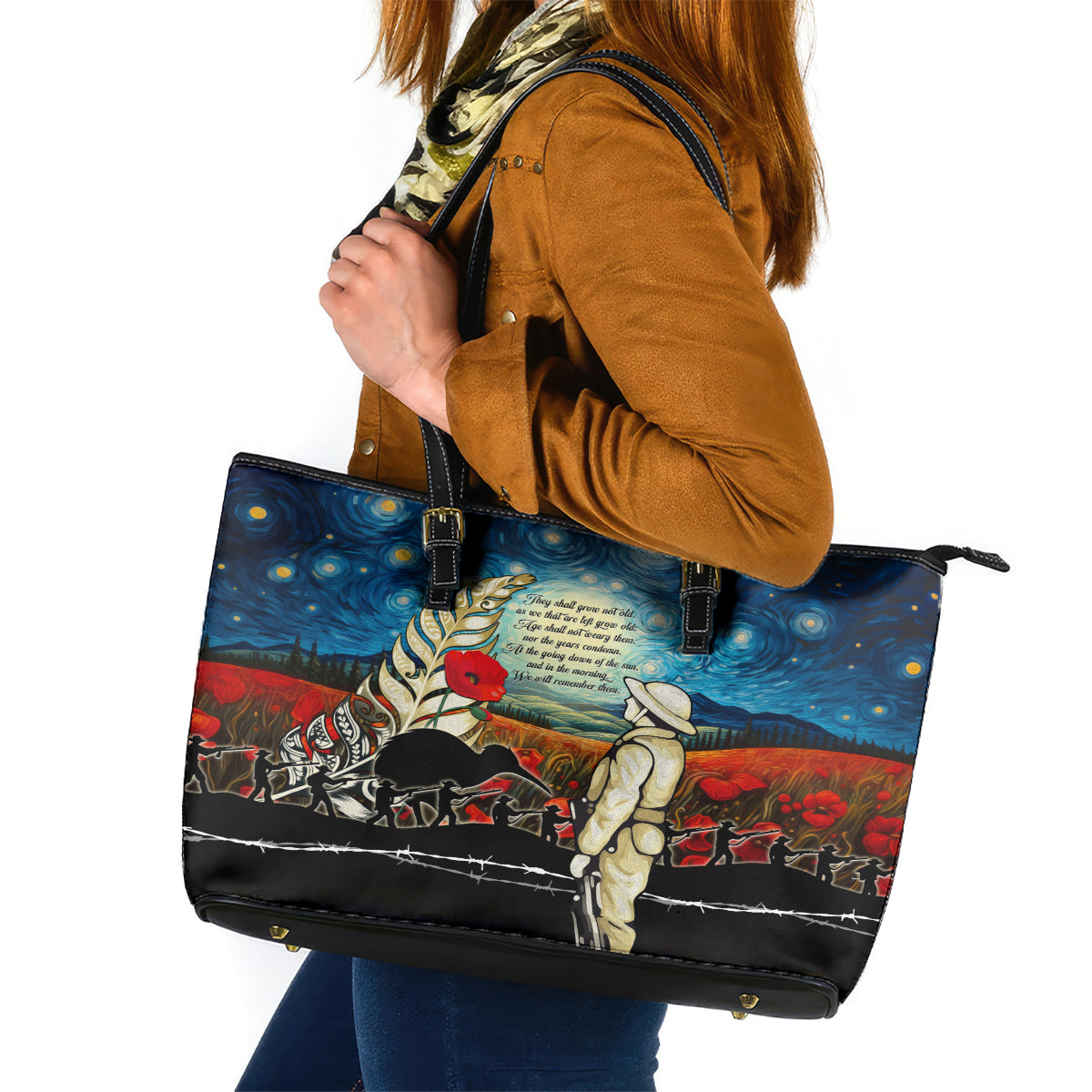 Kei Wareware Tatou New Zealand ANZAC Day Leather Tote Bag Starry Night Inspo Style LT05 Blue - Polynesian Pride