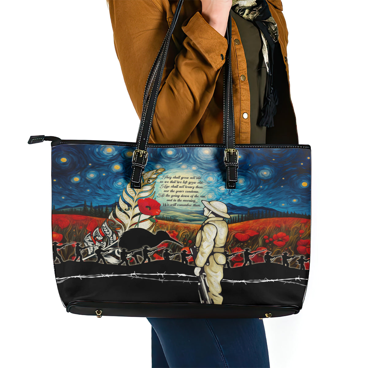 Kei Wareware Tatou New Zealand ANZAC Day Leather Tote Bag Starry Night Inspo Style LT05 - Polynesian Pride