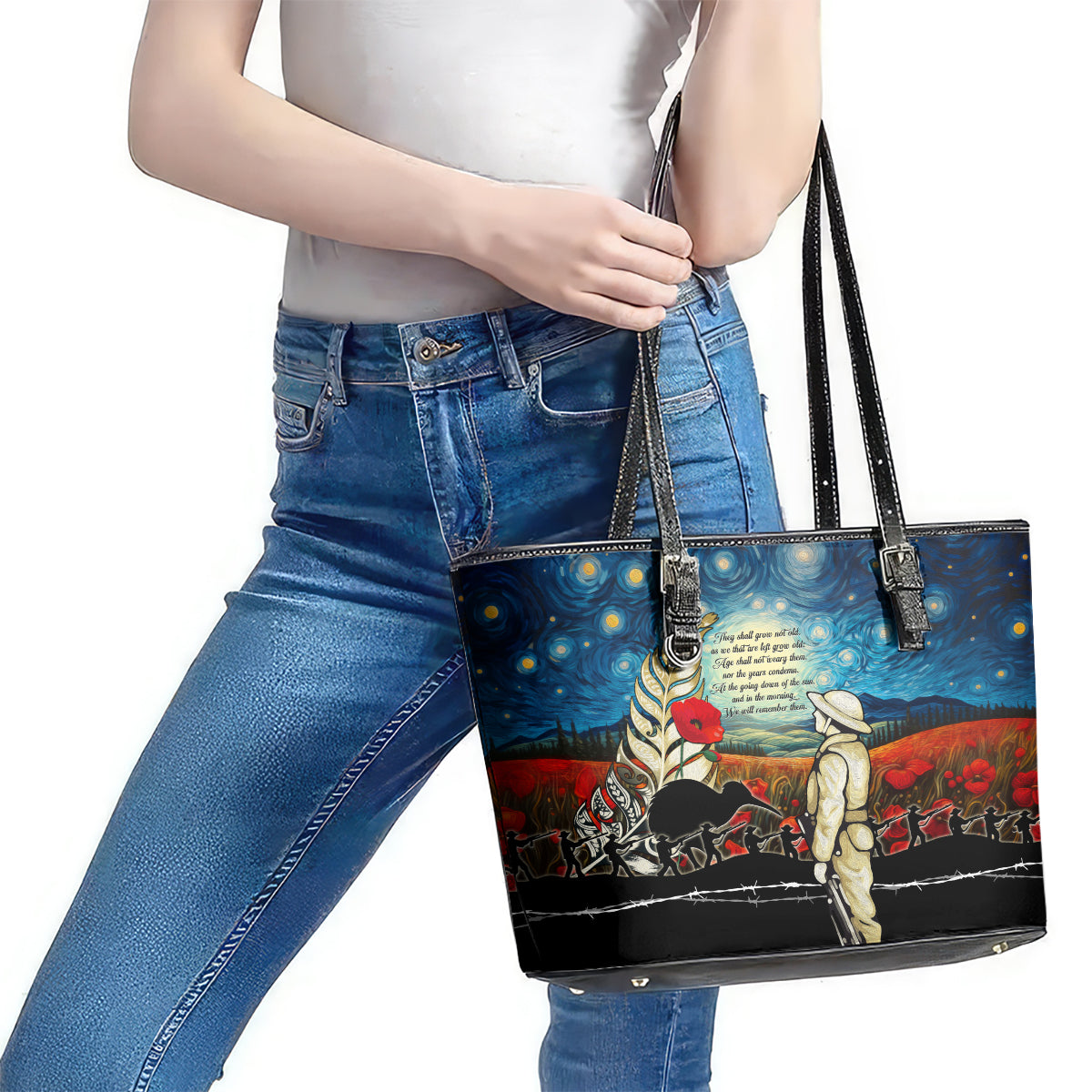 Kei Wareware Tatou New Zealand ANZAC Day Leather Tote Bag Starry Night Inspo Style LT05 - Polynesian Pride