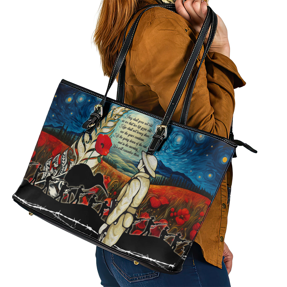 Kei Wareware Tatou New Zealand ANZAC Day Leather Tote Bag Starry Night Inspo Style LT05 - Polynesian Pride