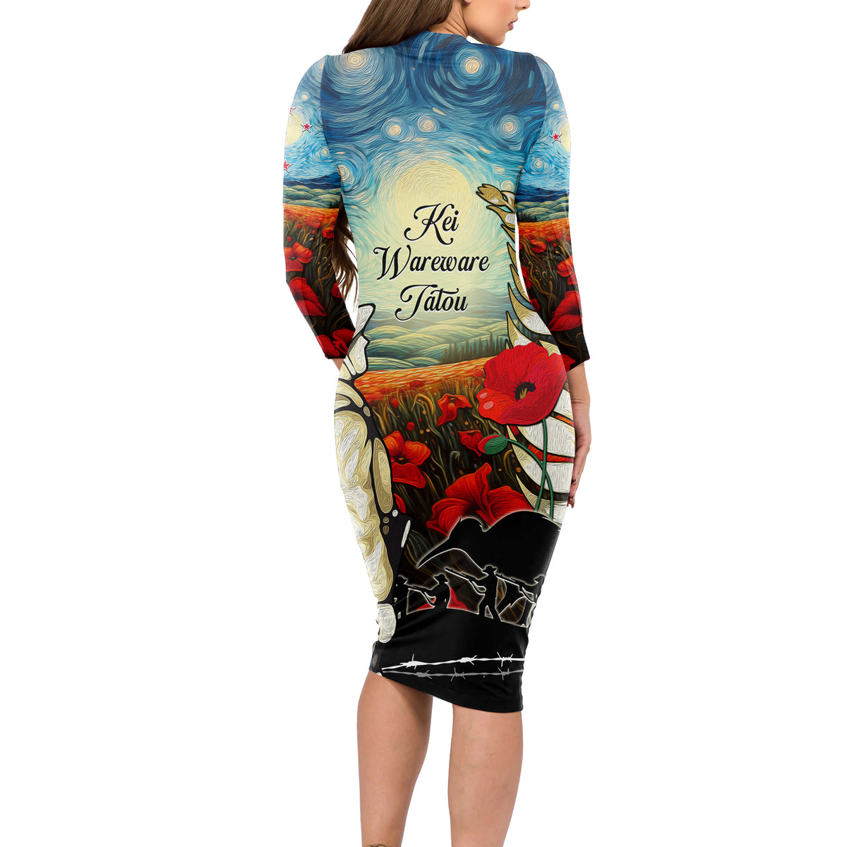 Kei Wareware Tatou New Zealand ANZAC Day Long Sleeve Bodycon Dress Starry Night Inspo Style LT05 - Polynesian Pride