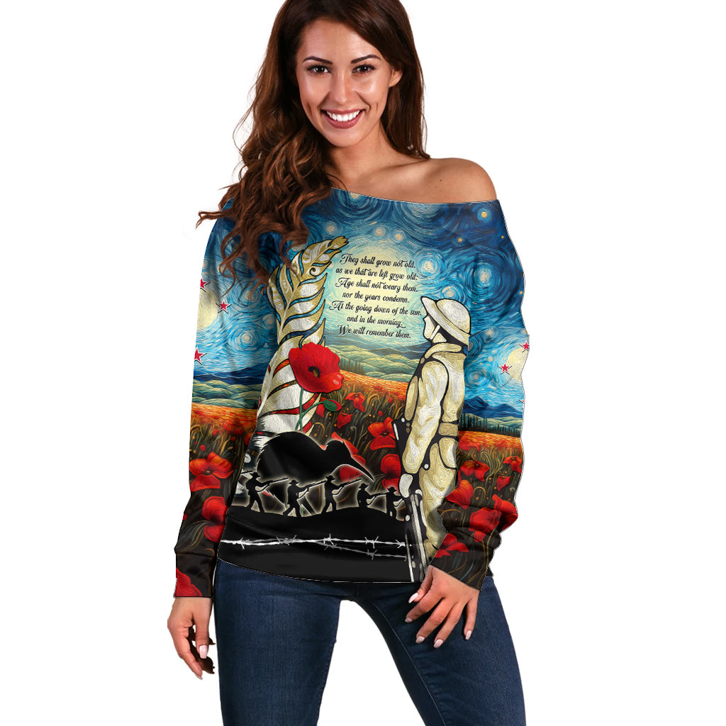 Kei Wareware Tatou New Zealand ANZAC Day Off Shoulder Sweater Starry Night Inspo Style LT05 Women Blue - Polynesian Pride
