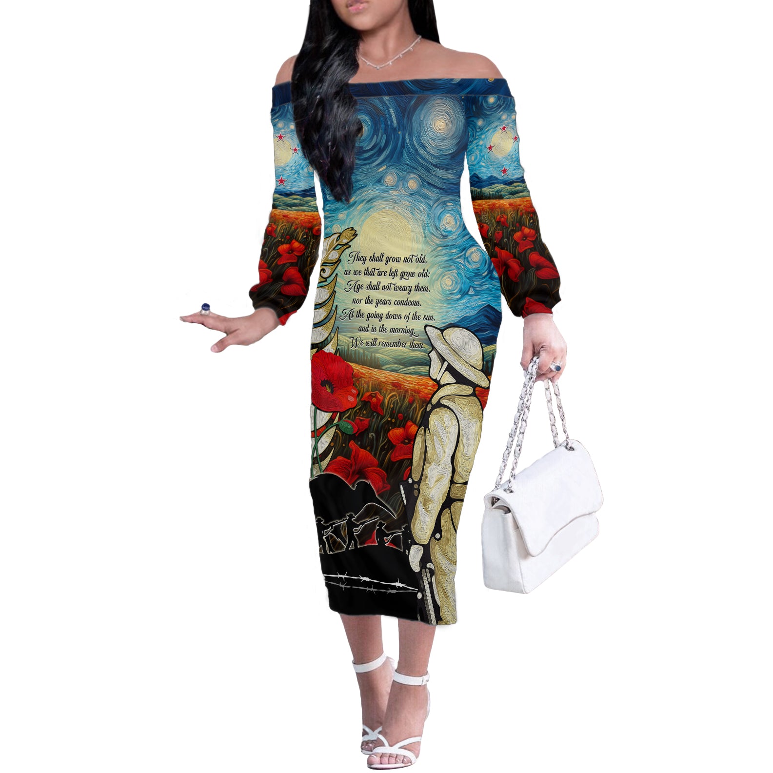 Kei Wareware Tatou New Zealand ANZAC Day Off The Shoulder Long Sleeve Dress Starry Night Inspo Style LT05 Women Blue - Polynesian Pride