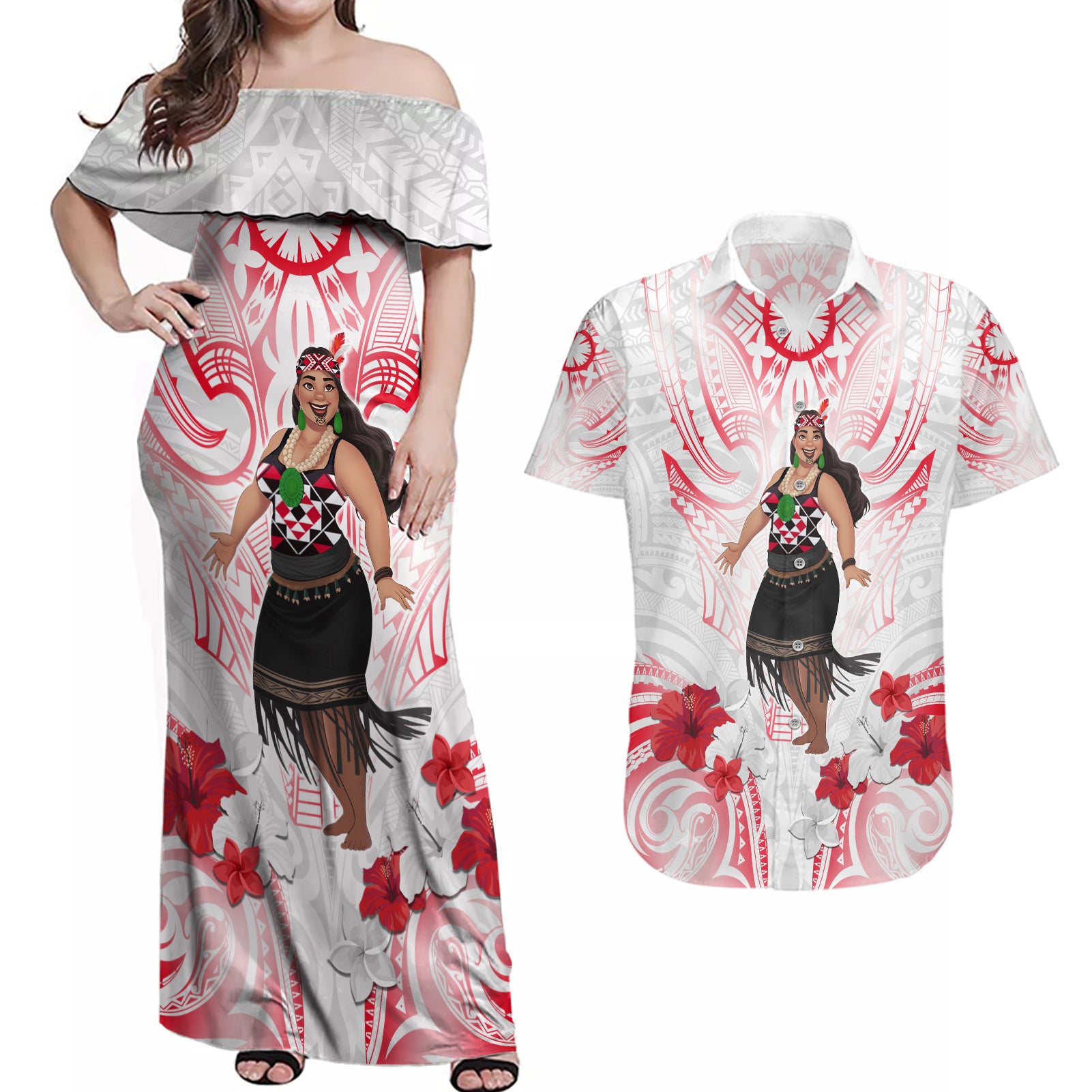 New Zealand Women's Day Couples Matching Off Shoulder Maxi Dress and Hawaiian Shirt Maori Wahine Polynesian Pattern LT05 White - Polynesian Pride