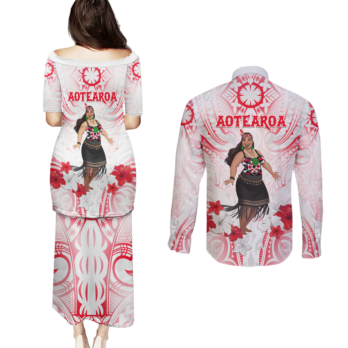 New Zealand Women's Day Couples Matching Puletasi and Long Sleeve Button Shirt Maori Wahine Polynesian Pattern LT05 - Polynesian Pride