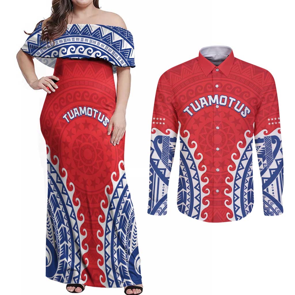 Custom Tuamotu Archipelago Couples Matching Off Shoulder Maxi Dress and Long Sleeve Button Shirt Polynesian Tribal Tattoo LT05 Red - Polynesian Pride