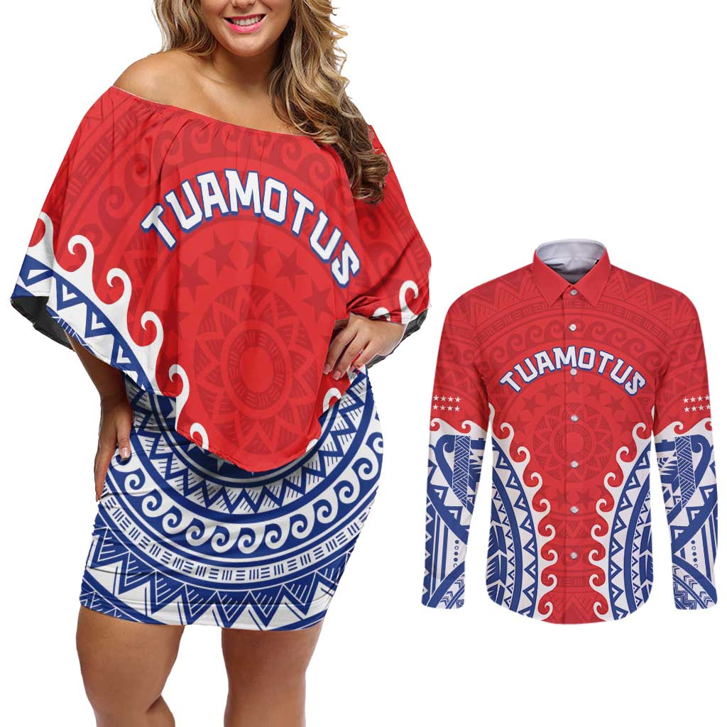 Custom Tuamotu Archipelago Couples Matching Off Shoulder Short Dress and Long Sleeve Button Shirt Polynesian Tribal Tattoo LT05 Red - Polynesian Pride