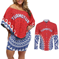 Custom Tuamotu Archipelago Couples Matching Off Shoulder Short Dress and Long Sleeve Button Shirt Polynesian Tribal Tattoo LT05 Red - Polynesian Pride