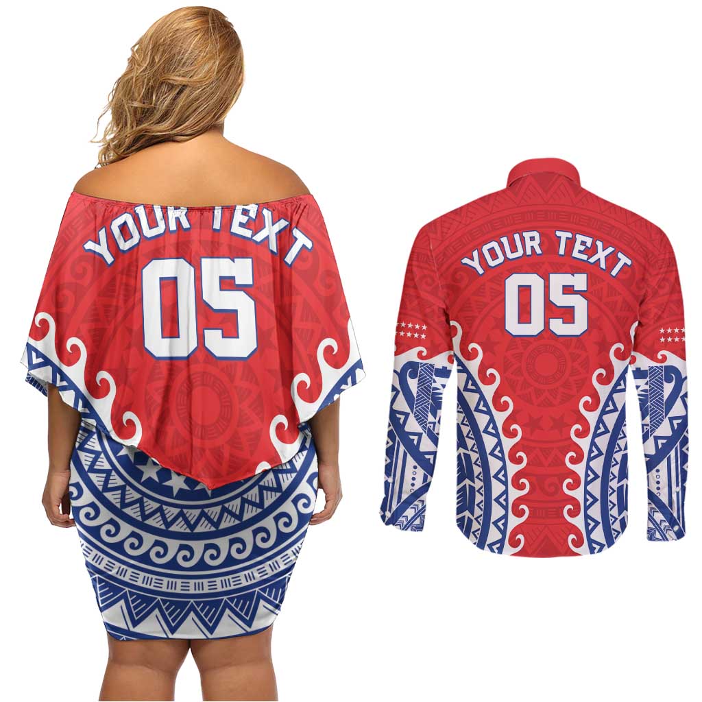 Custom Tuamotu Archipelago Couples Matching Off Shoulder Short Dress and Long Sleeve Button Shirt Polynesian Tribal Tattoo LT05 - Polynesian Pride