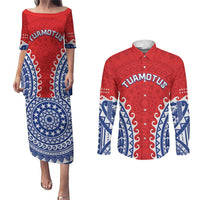 Custom Tuamotu Archipelago Couples Matching Puletasi and Long Sleeve Button Shirt Polynesian Tribal Tattoo LT05 Red - Polynesian Pride