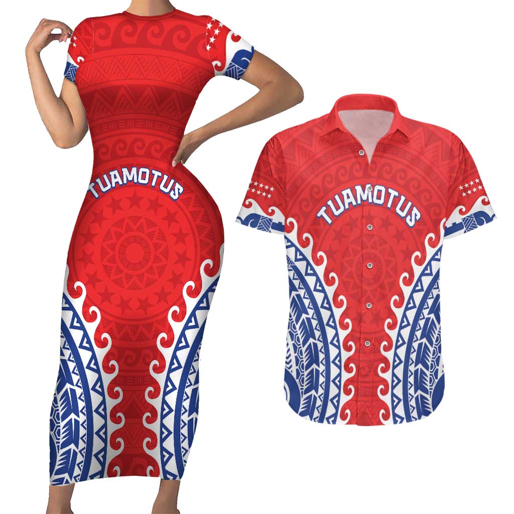 Custom Tuamotu Archipelago Couples Matching Short Sleeve Bodycon Dress and Hawaiian Shirt Polynesian Tribal Tattoo