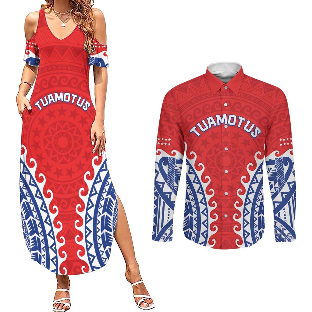 Custom Tuamotu Archipelago Couples Matching Summer Maxi Dress and Long Sleeve Button Shirt Polynesian Tribal Tattoo LT05 Red - Polynesian Pride