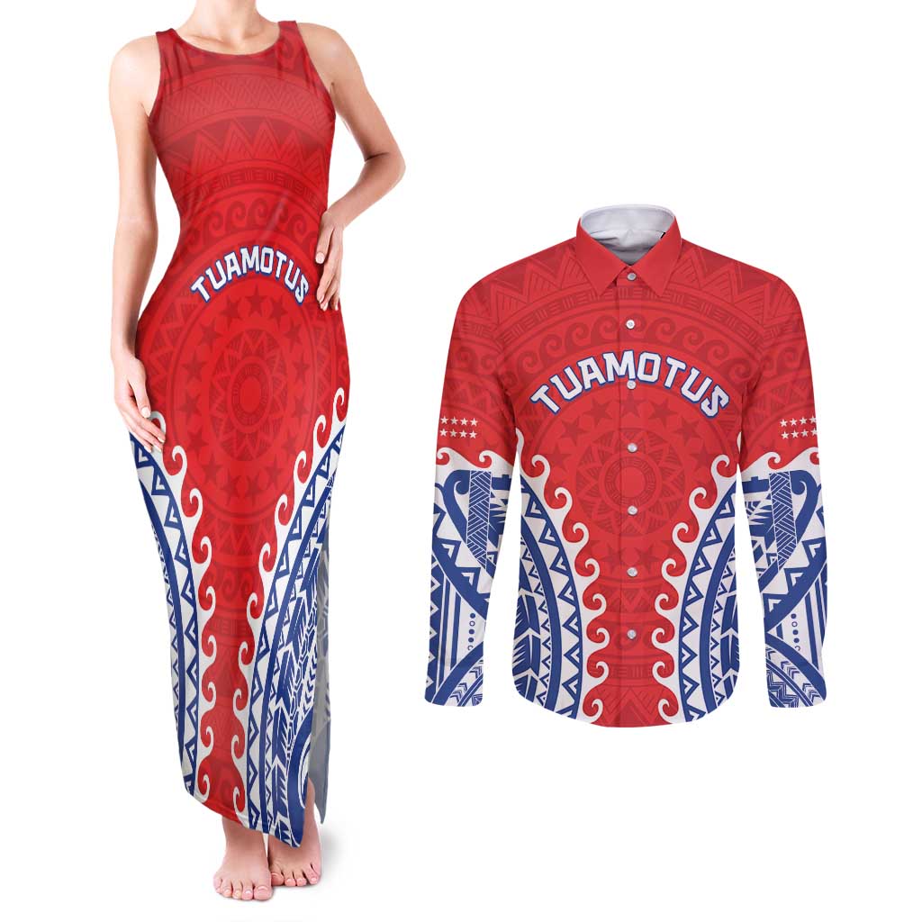 Custom Tuamotu Archipelago Couples Matching Tank Maxi Dress and Long Sleeve Button Shirt Polynesian Tribal Tattoo LT05 Red - Polynesian Pride