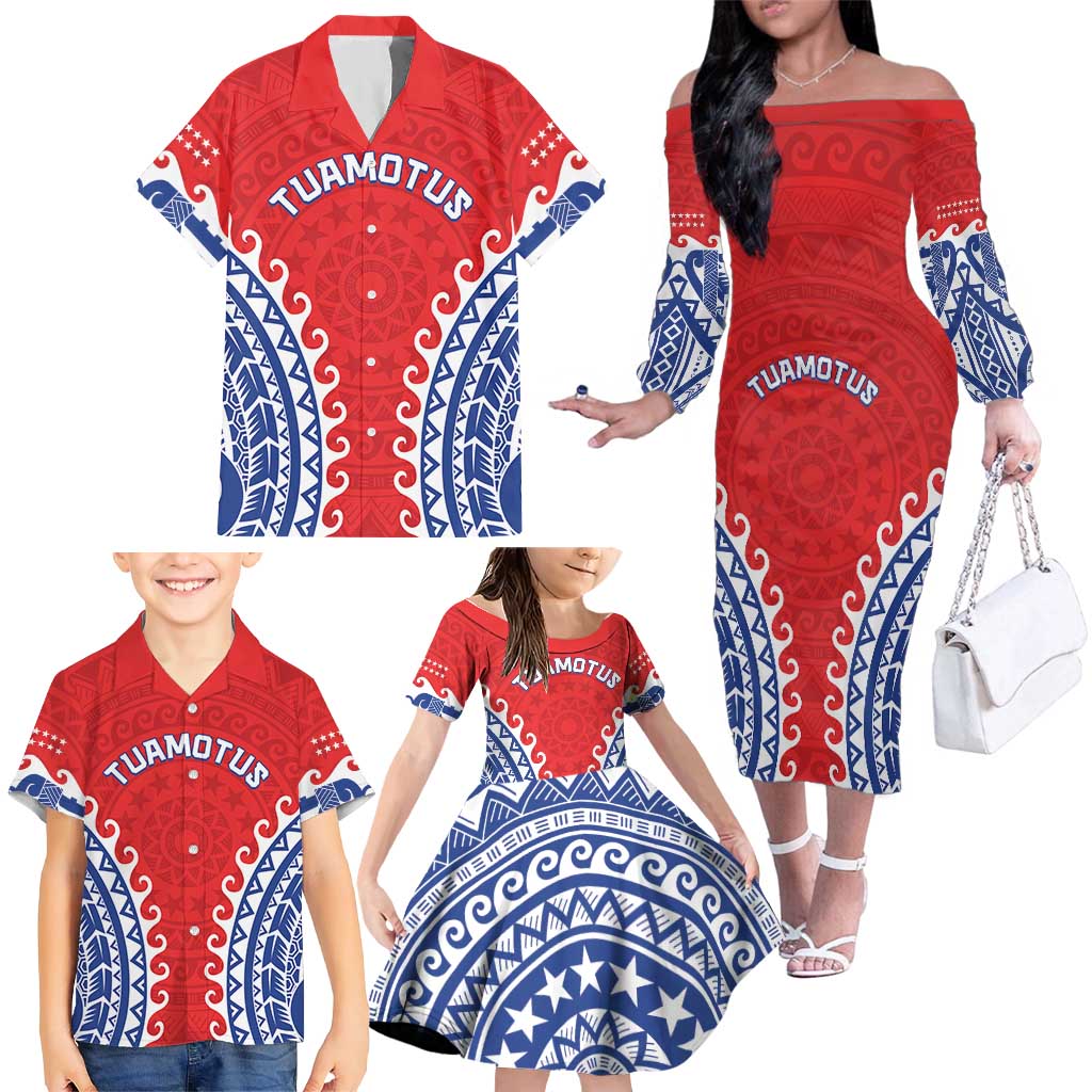 Custom Tuamotu Archipelago Family Matching Off The Shoulder Long Sleeve Dress and Hawaiian Shirt Polynesian Tribal Tattoo LT05 - Polynesian Pride
