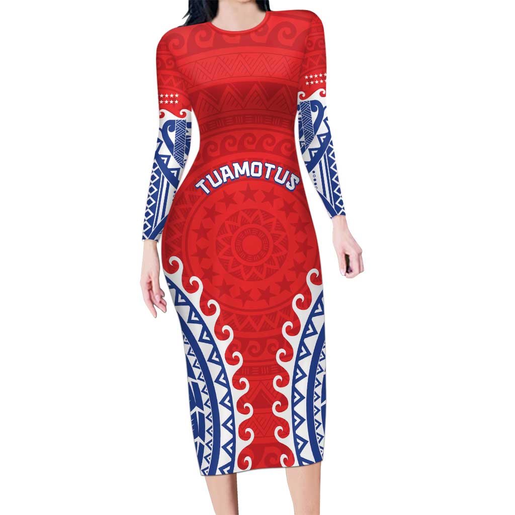Custom Tuamotu Archipelago Long Sleeve Bodycon Dress Polynesian Tribal Tattoo LT05 Long Dress Red - Polynesian Pride