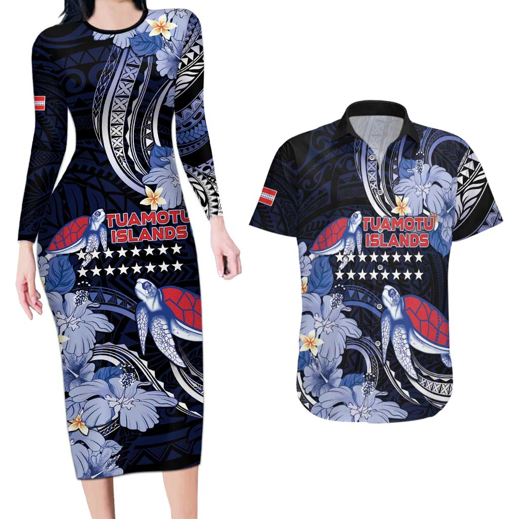 Tuamotu Islands Couples Matching Long Sleeve Bodycon Dress and Hawaiian Shirt Polynesian Pattern With Turtle LT05 Black - Polynesian Pride