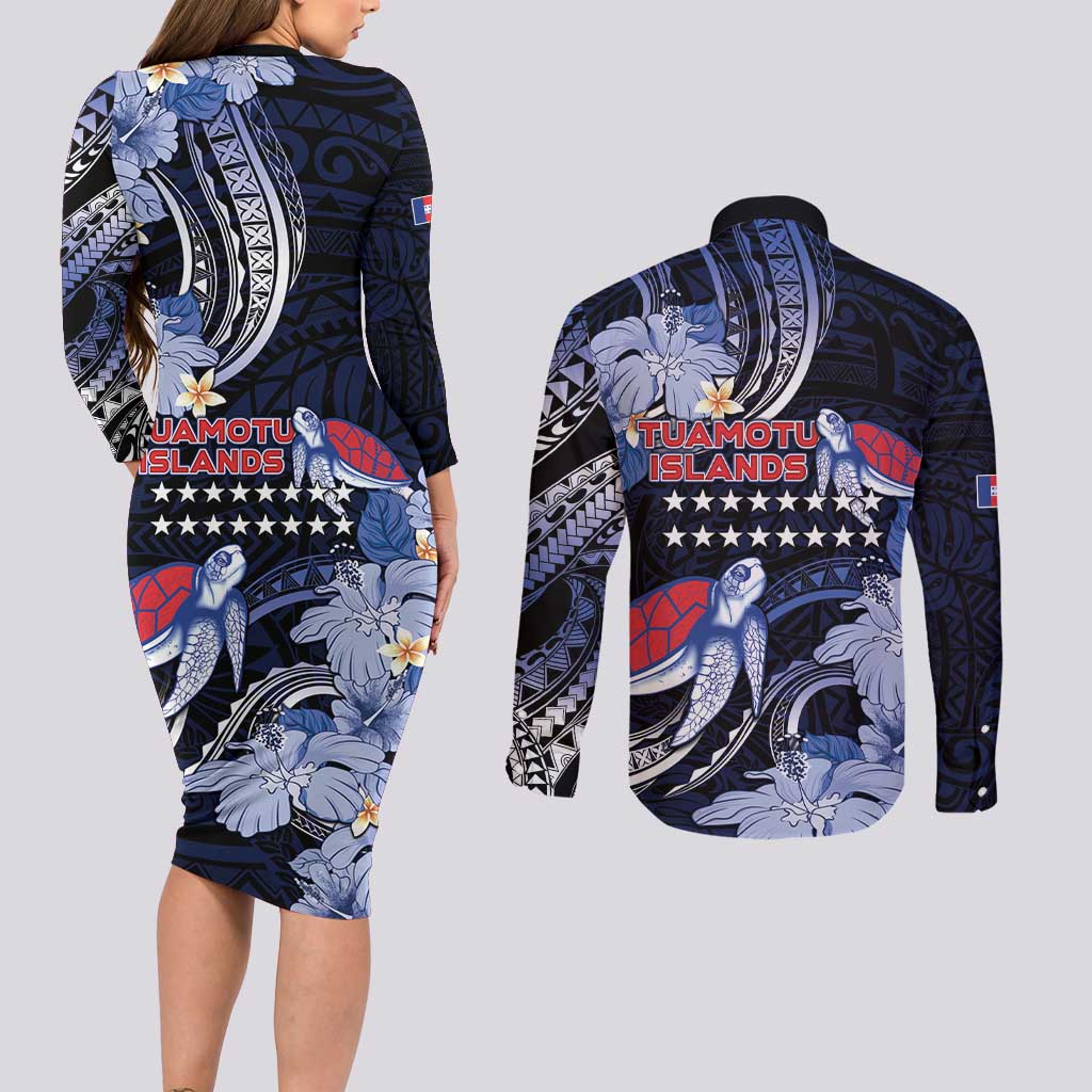 Tuamotu Islands Couples Matching Long Sleeve Bodycon Dress and Long Sleeve Button Shirt Polynesian Pattern With Turtle LT05 - Polynesian Pride