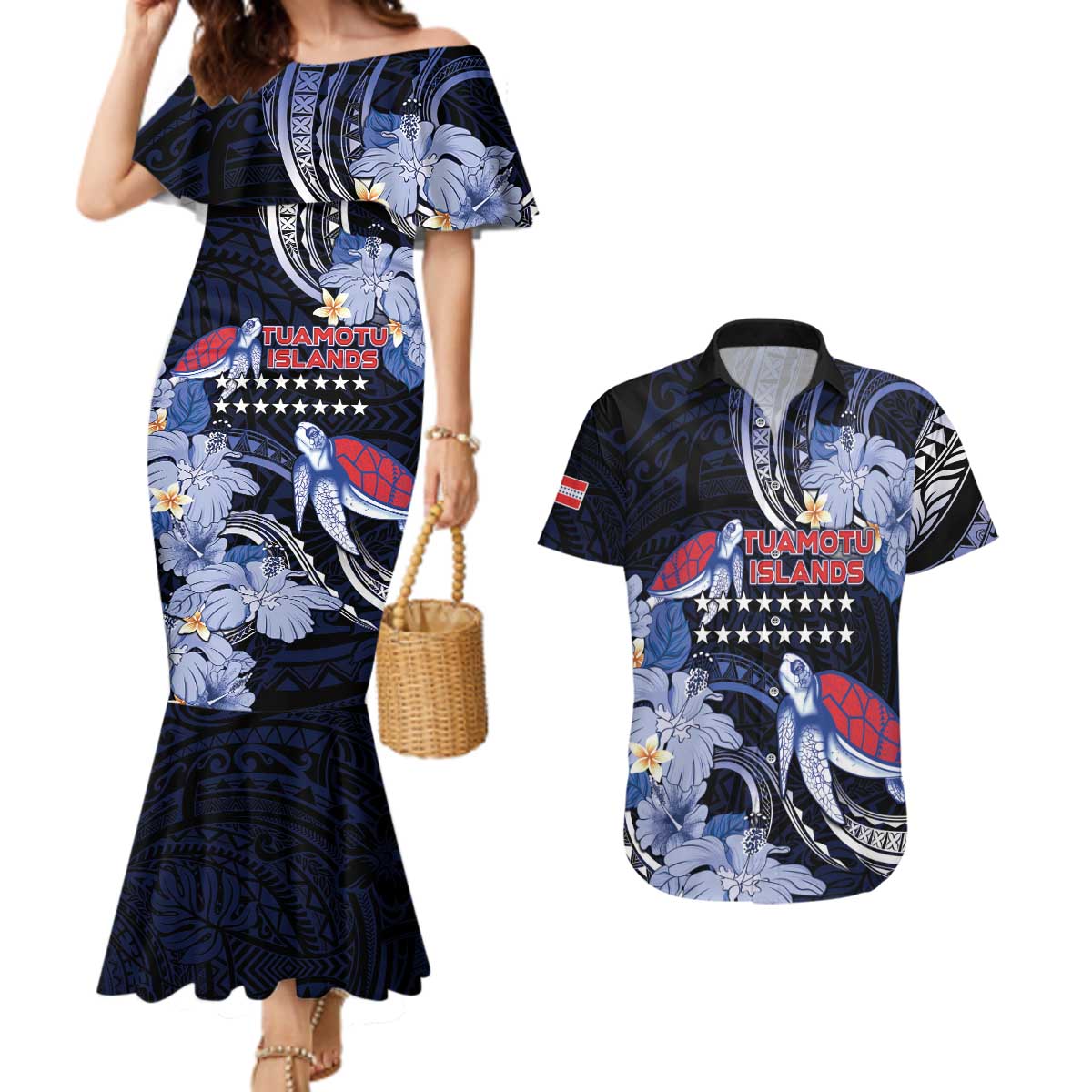 Tuamotu Islands Couples Matching Mermaid Dress and Hawaiian Shirt Polynesian Pattern With Turtle LT05 Black - Polynesian Pride