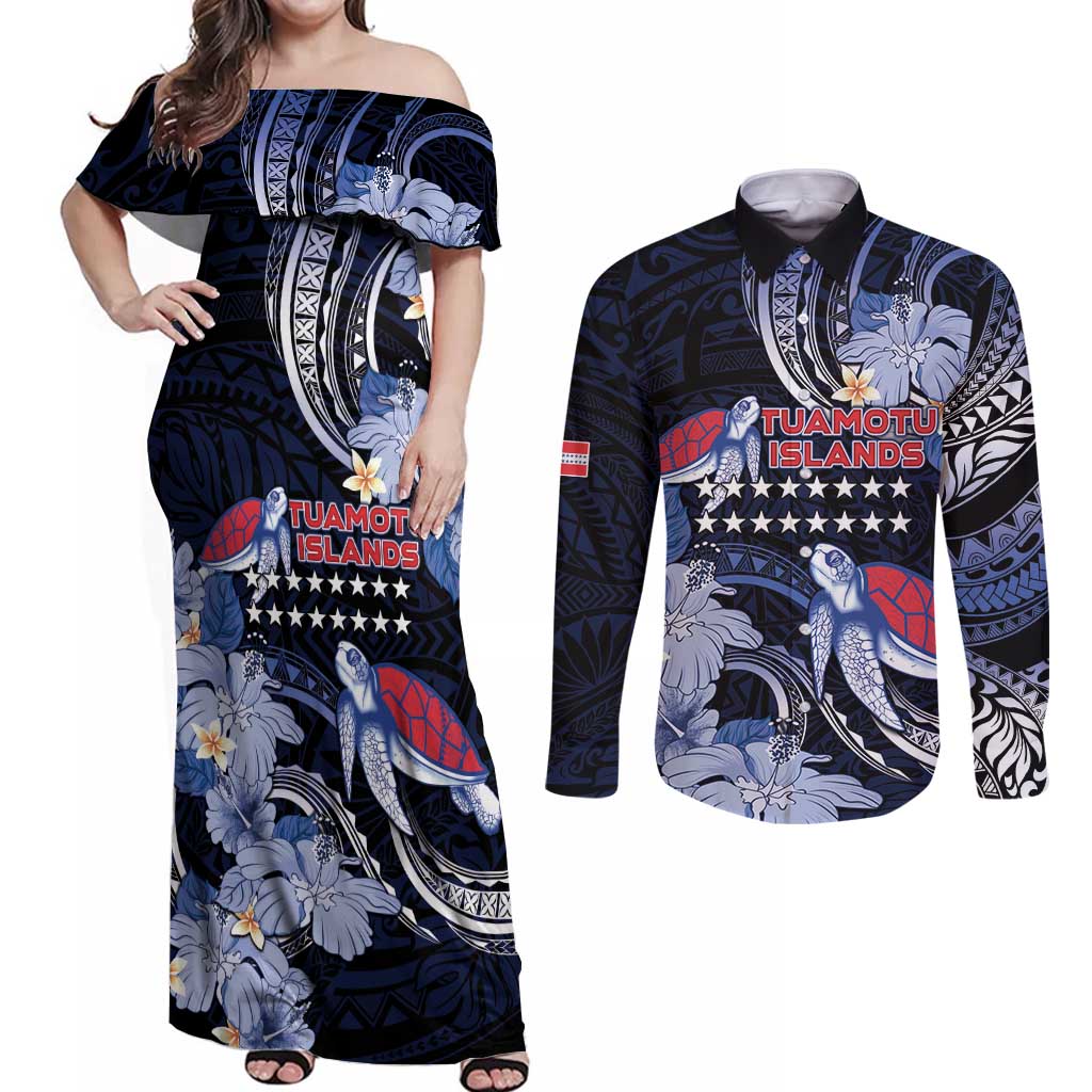 Tuamotu Islands Couples Matching Off Shoulder Maxi Dress and Long Sleeve Button Shirt Polynesian Pattern With Turtle LT05 Black - Polynesian Pride
