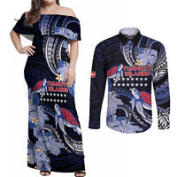 Tuamotu Islands Couples Matching Off Shoulder Maxi Dress and Long Sleeve Button Shirt Polynesian Pattern With Turtle LT05 Black - Polynesian Pride