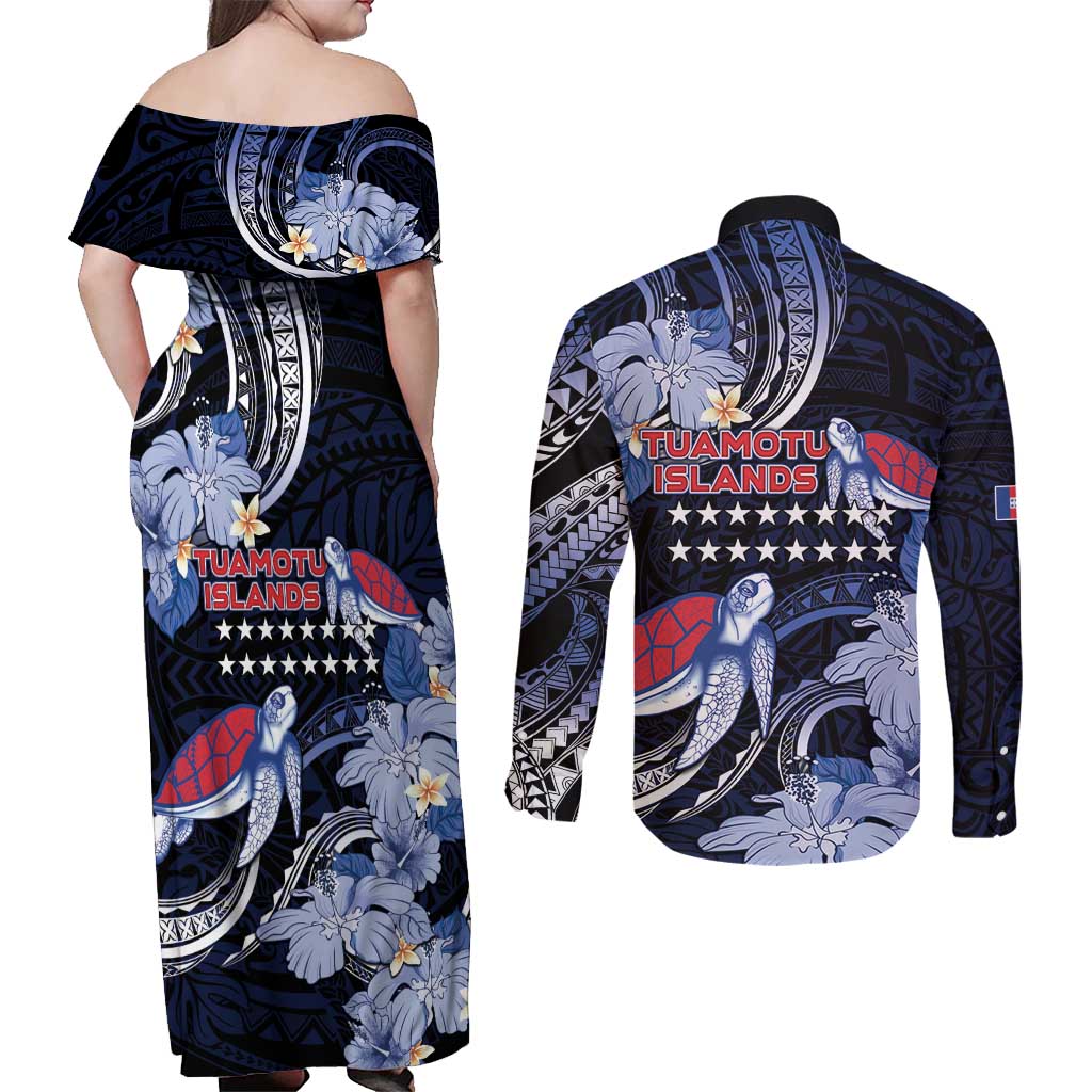 Tuamotu Islands Couples Matching Off Shoulder Maxi Dress and Long Sleeve Button Shirt Polynesian Pattern With Turtle LT05 - Polynesian Pride
