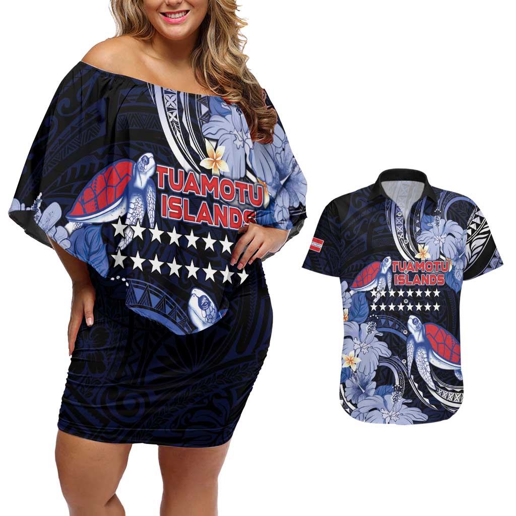 Tuamotu Islands Couples Matching Off Shoulder Short Dress and Hawaiian Shirt Polynesian Pattern With Turtle LT05 Black - Polynesian Pride
