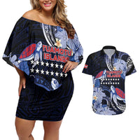 Tuamotu Islands Couples Matching Off Shoulder Short Dress and Hawaiian Shirt Polynesian Pattern With Turtle LT05 Black - Polynesian Pride